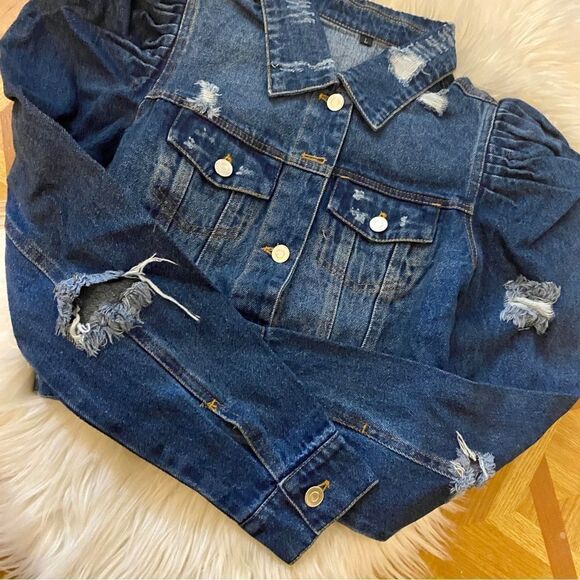 DENIM RIPPED JACKET PUFF SHOULDERS ASO ZARA - Picture 4 of 5